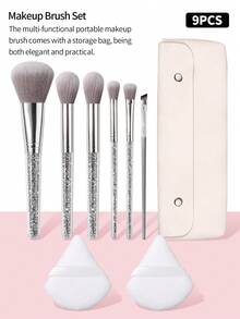 9pcs Makeup Brush Set With Makeup Sponges + PU Storage Bag, Compact All-In-One Daily Face And Eye Makeup Application Tools - Silver - View 4