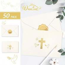 50 Pack Cross Stationery Cards With Envelopes Blank Thank You Note Cards Gold Foil Christian Greeting Card For Baptism First Communion Church - As Pic - View 3