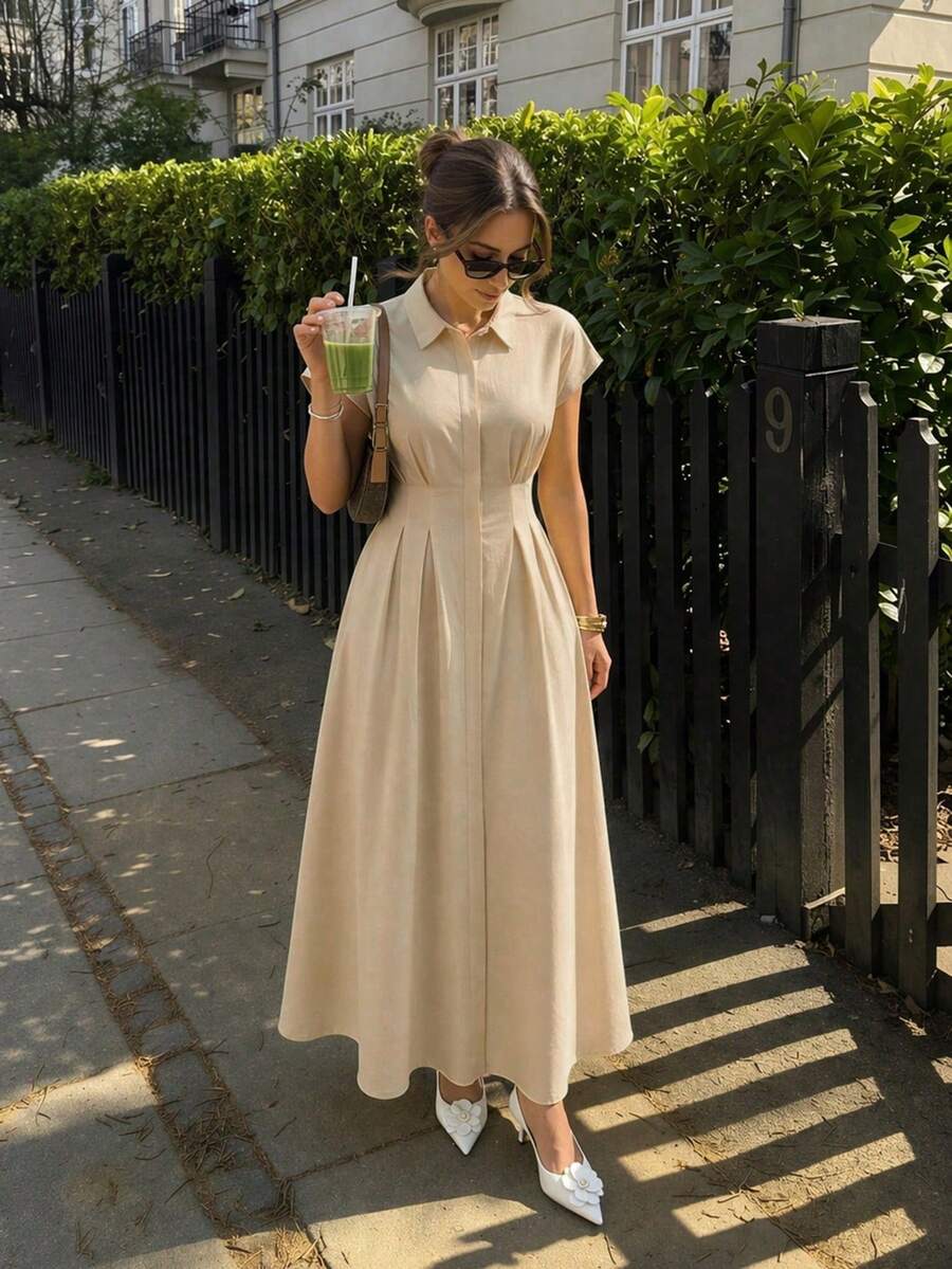 SUNSTORY 女款夏季優雅休閒波希米亞復古商務休閒度假極簡純色襯衫洋裝，前開扣設計，口袋，開衩，高腰，修身，短袖長洋裝，適合日常、工作、度假、海灘、婚禮、派對、旅行、茶會、音樂節、開學季等場合