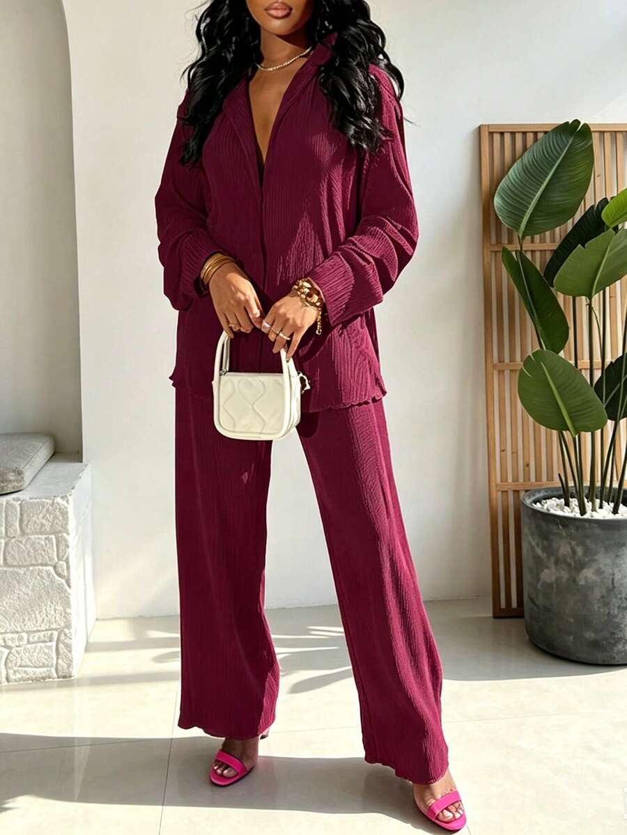 Bộ 2 món áo sơ mi xếp ly và quần ống rộng cho nữ, kiểu dáng thường ngày, thanh lịch mùa xuân. - Màu Đỏ Sâu - Xem 1