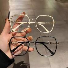 1件正方形大框透明鏡片眼鏡，配金屬鏡腿 - 金白色 - 查看 1
