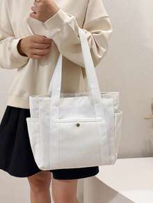 Large Capacity Canvas College Style Casual Tote Bag Shopping Bag Multifunctional Shoulder Bag Upgraded Canvas Bag - White - View 4