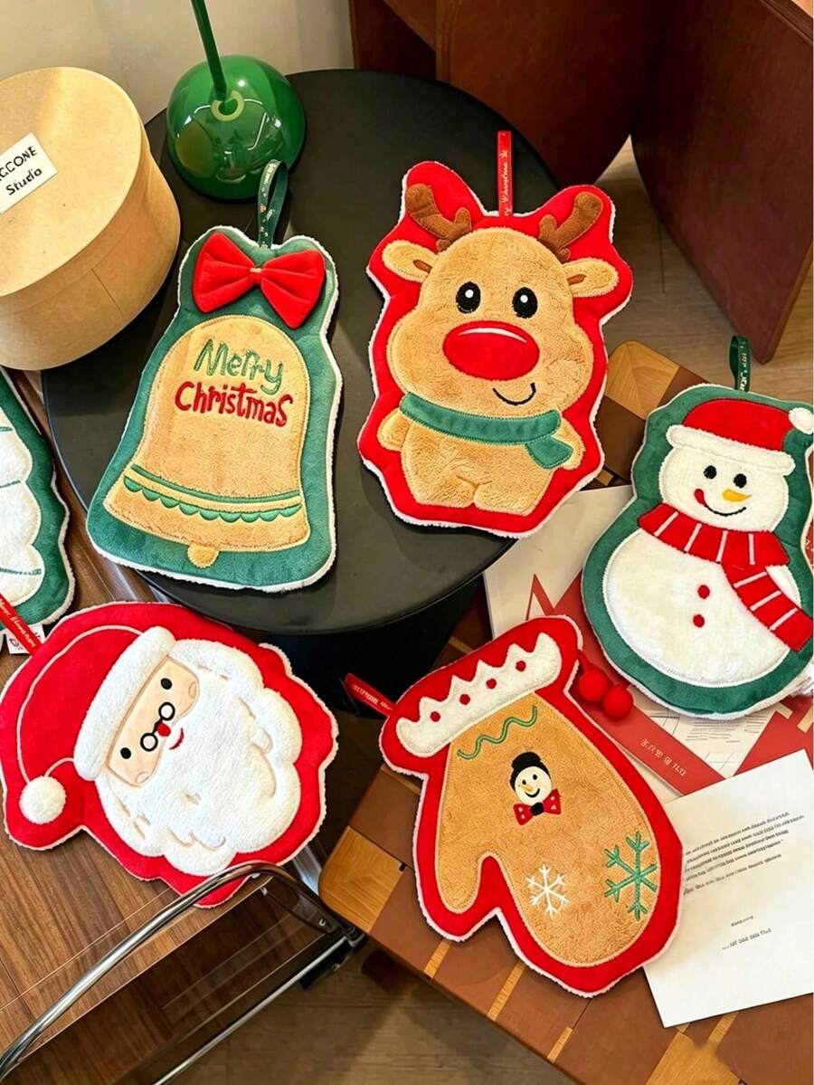 1pc Hanging Cute Cartoon Christmas Pattern Hand Towel, Strong Absorbent Quick Dry, Coral Fleece Microfiber Material, Suitable For Bathroom, Kitchen, Living Room Decor