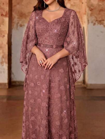 Plus Size Elegant Grey Rose Floral Lace Maxi Dress, V-Neck Bell Sleeve Embellished Formal Evening Gown, Wedding Banquet Bride Mother Party Ball Holiday Outfit