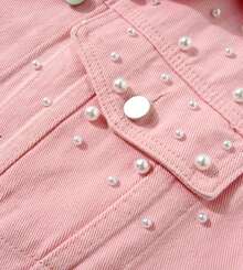 Womens Casual Beading Pearls Pink Sleeveless Denim Vest Jean Jacket Coat - Pink - View 4