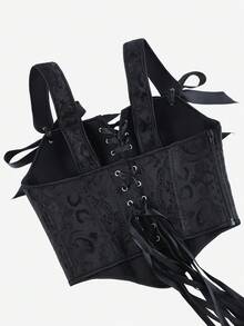 Black Jacquard Strap Corset Bustier Top Ribbon Bow Decor Lace-Up Front Boned Waist Trainer, Side Zipper Slim Versatile Shapewear Halloween - Black - View 5