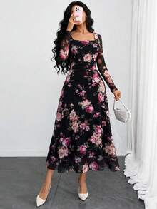 Plus Size Women's Elegant Elastic Mesh Printed Long Dress, Square Neck A-Line Dress, Fitted Waist With Ruched Detail, Suitable For Spring Autumn Garden Date Party Commute Office Versatile - Black - View 1