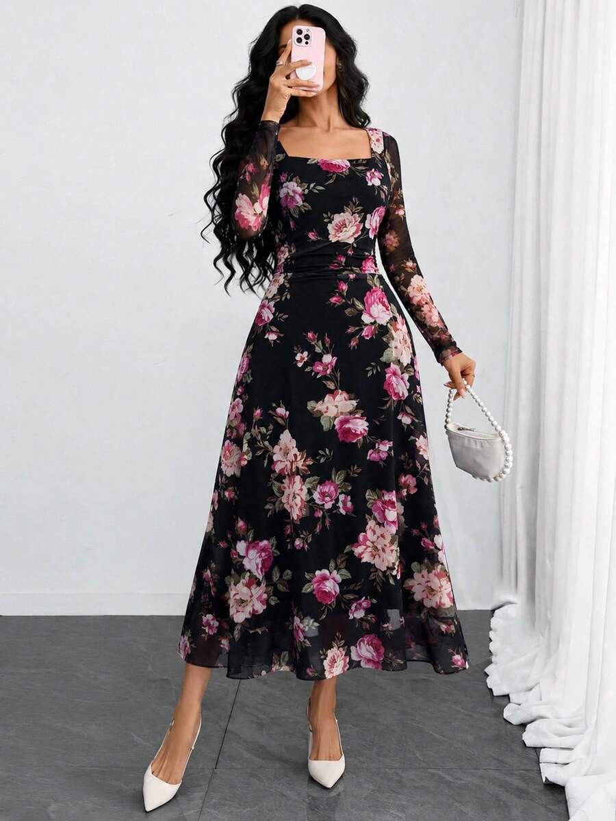 Plus Size Women's Elegant Elastic Mesh Printed Long Dress, Square Neck A-Line Dress, Fitted Waist With Ruched Detail, Suitable For Spring Autumn Garden Date Party Commute Office Versatile - Black - View 1