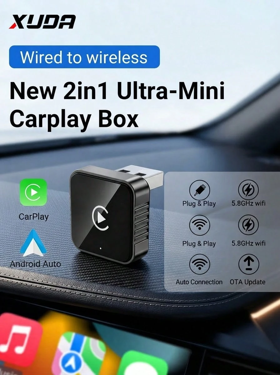 XUDA 新版 CarPlay AI Box Mini Superbox 有線轉無線,無線 CarPlay 與 Android 2合1功能,支援 2.4-5.0 GHz WiFi 5,適用於 99% 配備有線 CarPlay 與 Android 功能的車款 - A - 查看 1