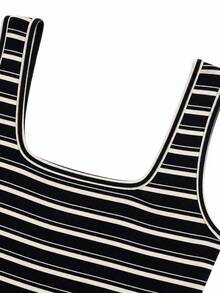 JTI Women's Striped Yarn-Dyed Contrast Square-Neck Sleeveless Cross-Back Maxi Bodycon Dress, Elegant Fall/Winter Office Layering - Black and White - View 6