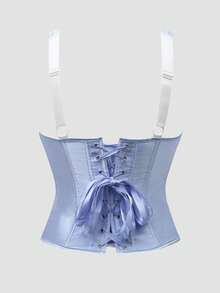 Women's Light Blue Satin Corset Top, Shoulder Strap Long Boning Bustier, Halloween Party Date Outing Top, Suitable For Holiday Parties - Blue - View 4