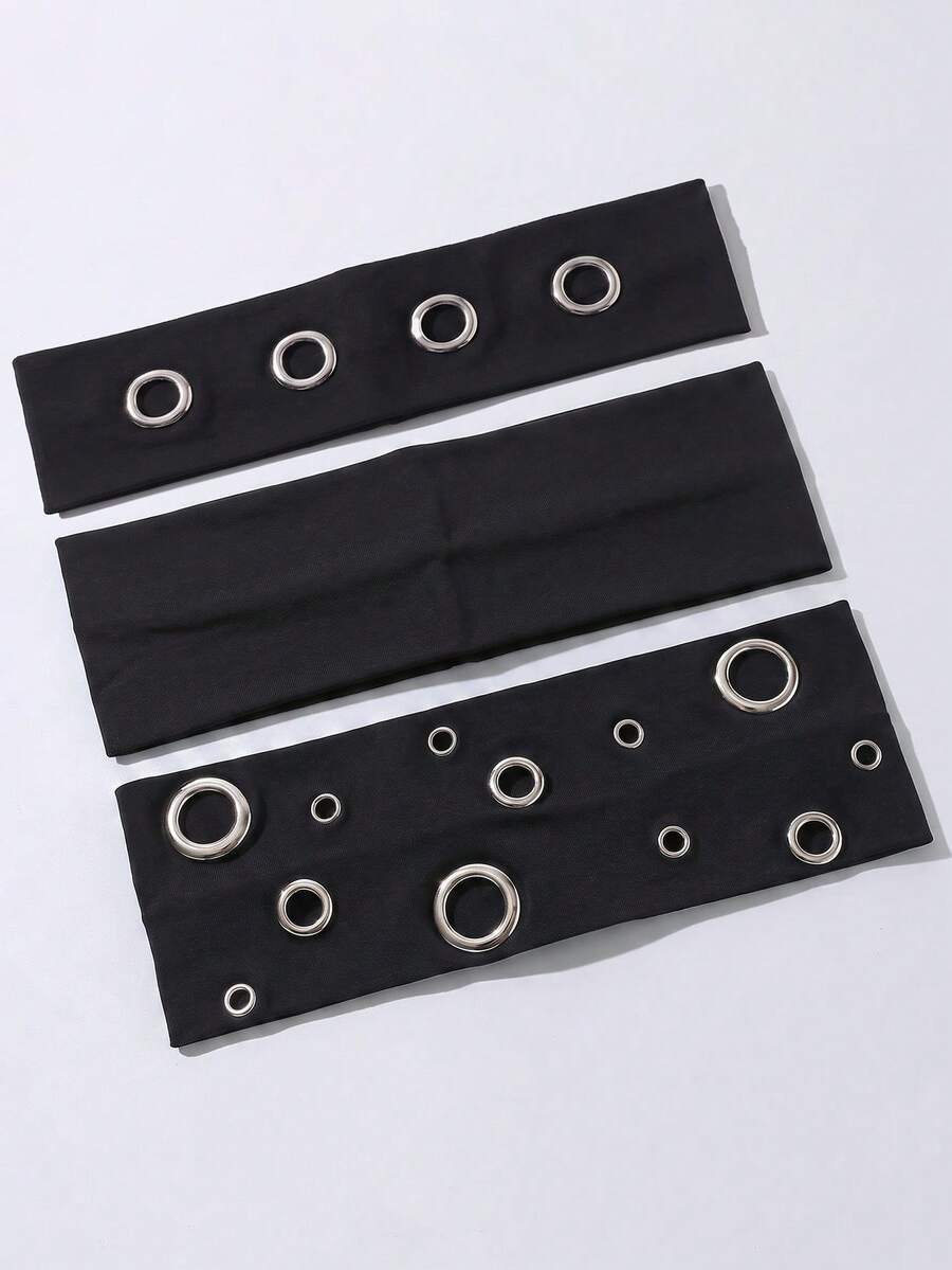 3pcs/Set Fashion Punk Gothic Style Hairbands, Soft Non-Slip Elastic Eyelet Hollow Out Beach, Holiday Headbands, Elastic Yoga Sports Hairbands, Versatile For Daily Wear And Multiple Occasions - 黑色 - 查看 1