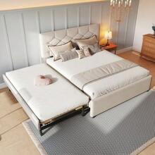 Upholstered Bed, 140x200cm, With Slatted Frame (Without Mattress), With Pull-Out Bed, Velvet, Minimalist, Beige - Beige - View 3