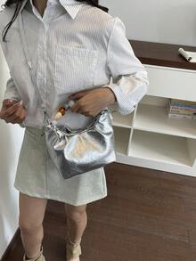 時尚毛絨波希米亞風單肩包，極簡托特包，可愛冬季女款手提包與錢包 - 銀色 - 查看 3