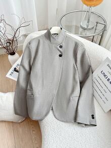 FGGG Fashion Musim Semi/Musim Gugur Wanita Blazer Minimalis Serbaguna Gaya Vintage Longgar Warna Abu-abu Muda Kerah Tinggi - Khaki - View 7