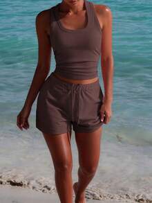 Unadoll Women Fall Brown Casual Sporty Two‑Piece Set, Ribbed Racerback Crop Tank & Drawstring Shorts For Back To School, Sports & Daily Wear - Brown - View 6