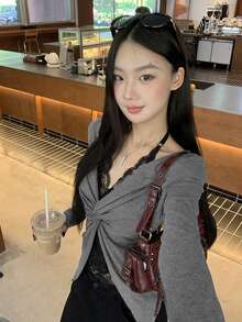 Women's Long Sleeve Lace T-Shirt 2 In 1 Top, Early Autumn - Grey - View 1