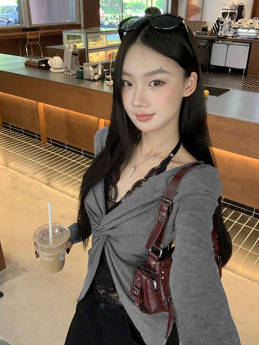Women's Long Sleeve Lace T-Shirt 2 In 1 Top, Early Autumn - Grey - View 1