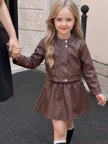 Girls' Autumn/Winter PU Jacket Set, Fashion Solid Color PU Leather Button & Zipper Jacket With PU Leather Skirt, 2 Pieces Casual Streetwear Outfit - Brown - View 6