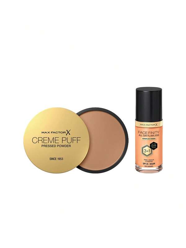 Max Factor [حزمة] بودرة كريم بوف مضغوطة 42 بيج عميق 14 جرام + كريم أساس فيسفينيتي خالي من العيوب طوال اليوم 3 في 1 نباتي C85 كراميل 30 مل