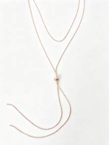 Collar Lariat Y de Doble Capa en Oro Rosa, Collar de Cadena Larga con Gota de Cristal Pequeño Minimalista, Joyería de Cuello con Borla Ajustable y Delicada de Capas para Mujeres - Multicolor - Ver 2