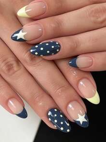 24 Peças Unhas Postiças Ovais Clássicas Elegantes Creme Amarelo & Azul Céu Contraste de Cor Estrela Poá Listras Francesas Brilhantes Brancas-Realçadoras Unhas Postiças Versáteis da Moda Adequadas para Encontros Festas Primavera Verão Mulheres e Meninas Outono Inverno Uso Diário Conjunto de Unhas Postiças Removíveis com Cola de Gelatina e Lixa de Unha Fácil de Usar e Durável Cola de Gelatina Enviada Aleatoriamente - Multicolorido - Visão 2