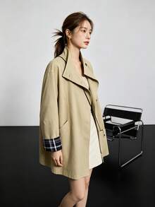 Stunning Stand Collar Trench Coat Jacket Button-Up Top For Office, Daily Wear, Dating, Spring And Autumn - Khaki - View 2