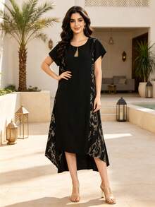 Heavy Gold Embroidery Arabic Women's Black Elegant Dress, JALABIA Gold Tassel Round Neck Short Sleeve Minimalist Style Dress, 2026 Summer Casual Wear - Black - View 6