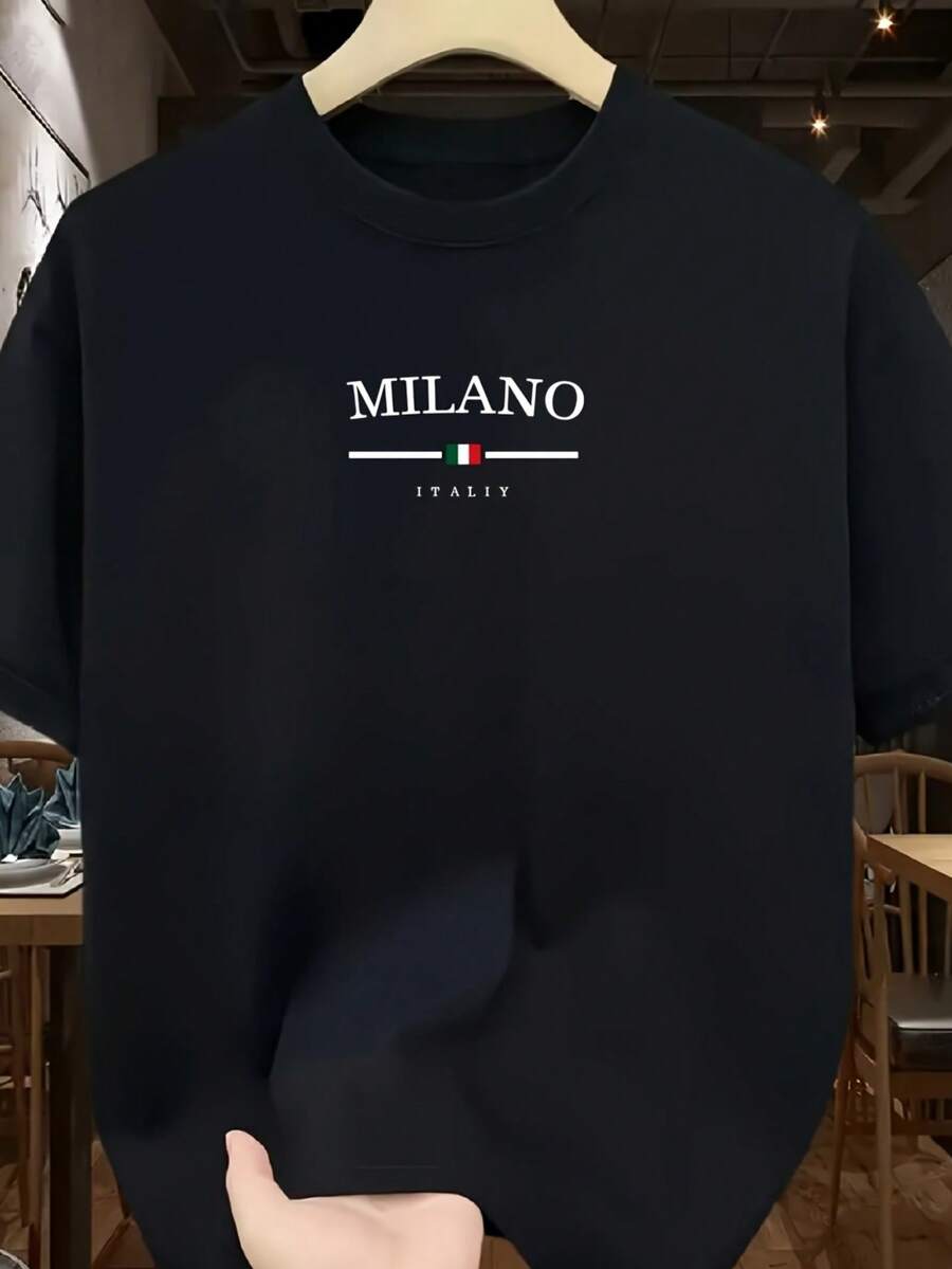 Herbst Outfit, Men's T-Shirt 100% Cotton With Short Sleeves And Letter Print, Fast Local Delivery - 黑色 - 查看 1