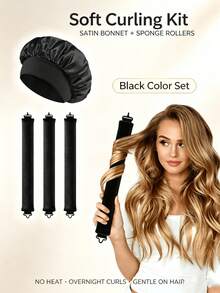 1 Set Heatless Curling Set With Satin Sleep Cap, Heatless Foam Curlers For Overnight Natural Waves, Soft Foam Curling Rods, Damage-Free DIY Hairstyling Tool, 3 Colors Black/Coffee/Pink, Gentle Curling Kit For Women With Long Hair For Sleeping - One Size Fits All - View 6