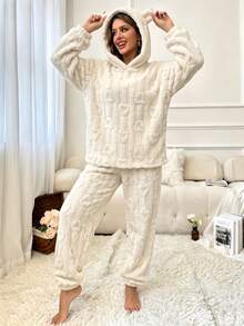 Cream White Heart Embossed Flannel Pajama Set, Hooded Sweatshirt And Loose Cuffed Pants, Fuzzy Warm Loungewear 2 Pieces Set - White - View 4