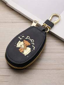 Car Key Case, Bear Print Key Holder, Pu Leather Key Pouch, Cute Bow Car Key Bag, Zipper Key Storage, Portable Car Key Case, Unisex Key Holder - Multicolor - View 13