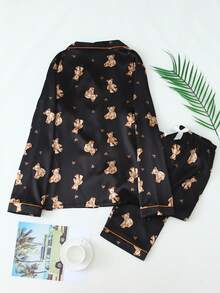 Women's Heart Bear Print Satin Long Sleeve Pants Pajama Set - Black - View 5