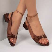 Women's French Roman-Style Open-Toe Slingback Sandals, Satin Ruched Backless Mid-Heel Chunky Heel Strap Sandals For College, Commute And Office, Summer New Style, Comfortable - Brown - View 5