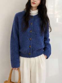 Women's Autumn/Winter Casual Minimalist Solid Color Round Neck, Wool Blend Yarn, Knitted Cardigan Jacket - Blue - View 5