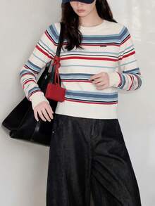 Women's Autumn/Winter Minimalist Casual Colorful Striped Crew Neck Pullover Sweater Knit Top White Fall - White - View 3