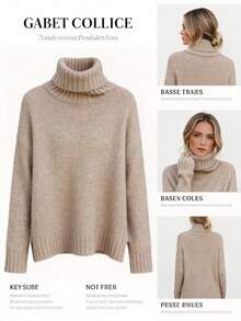 Suéter de punto versátil de cuello alto, diseño de parte delantera corta y parte trasera larga con abertura, estilo casual para otoño/invierno - Caqui 3 - Ver 2