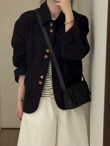 Korean Vintage Black Button Long Sleeve Lapel Workwear Blazer Jacket - Black - View 3