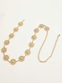 1pc Adjustable Hollow Floral Turquoise Micro-Inlaid Gold Waist Chain, Bohemian Beach Dress Accessory - Gold - View 6