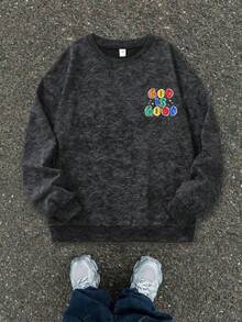 Vintage Street Boy Style Washed Crew Neck Sweatshirt, Back Colorful Hand-Drawn Letter Print God Is Good, Soft Autumn/Winter Campus Top - Black - View 2