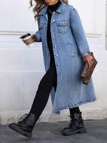 Mobula Sound# Plus Size Women's Spring/Summer Versatile Fashion Denim Jacket With Front Buttons, Long Length, Suitable For Daily, Holiday, Airport Wear - Blue - View 1