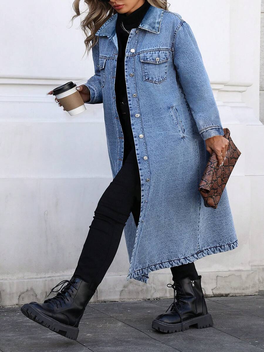 Mobula Sound# Plus Size Women's Spring/Summer Versatile Fashion Denim Jacket With Front Buttons, Long Length, Suitable For Daily, Holiday, Airport Wear - Blue - View 1