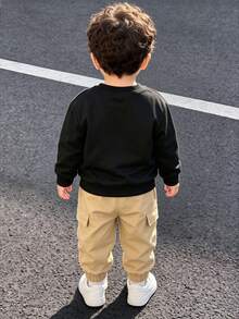 Baby Boy Spring/Autumn 2-Piece Set, Letter & Stripe Print Knit Crew Neck Long Sleeve Top + Solid Color Woven Cargo Style Jogger Pants, Suitable For 9 Months To 3 Years Old - Khaki - View 4