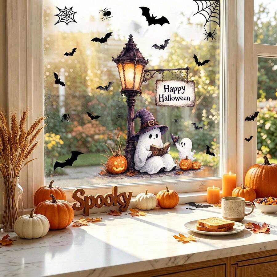 1/2pcs Retro Halloween Streetlight Ghost Black Cat Window Sticker, Double-Sided Visible PVC Electrostatic Adsorption Glass Sticker, Suitable For Homes, Kitchens, Shop Windows, And Other Holiday Parties. - Multicolor - View 1