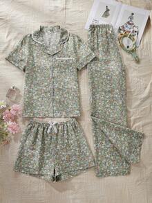Women's 3-Piece Pajama Set, Romantic Ditsy Floral Print, Patch Pocket, Front Button, Lapel Collar, Short Sleeve Top, Shorts And Long Pants, Autumn/Summer Loungewear Set - Multicolor - View 3