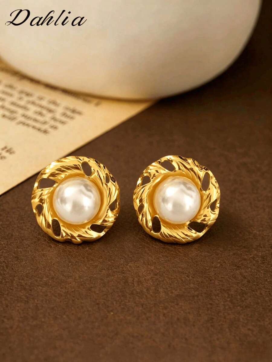1 Pair Gold Stainless Steel Faux Pearl Stud Earrings, Exaggerated Round Fashion Elegant Personalized Earrings, Suitable For Women's Daily Wear, Halloween, Women's Jewelry - Gold - View 1