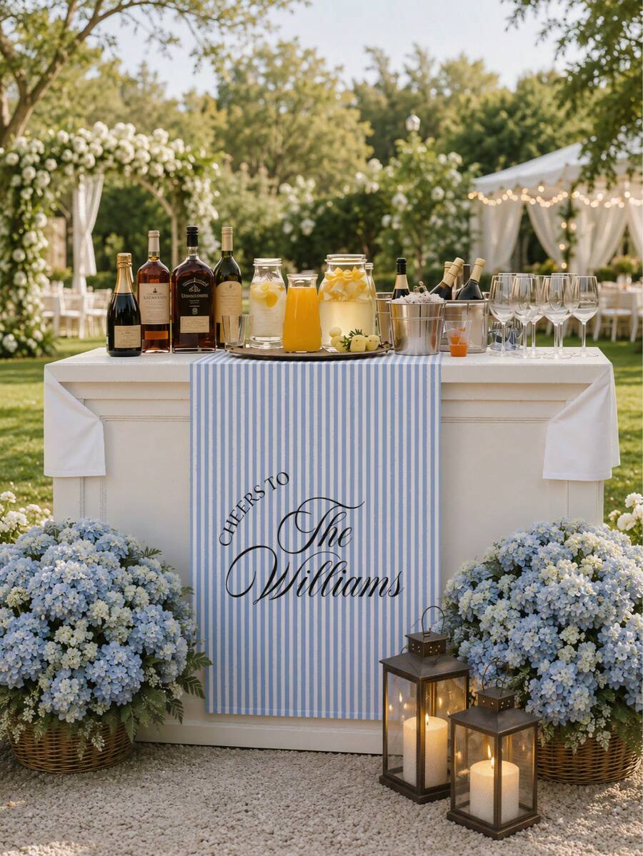 Personalized Striped Wedding Bar Sign, Custom Fabric Banner, And Wedding Reception Beverage Station Decor. - Multicolor - View 1