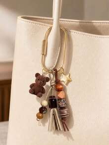 Bohemian Beaded Bag Charm, Vintage Beaded Keychain, Cute Bear & Star Pendant, Tassel Bag Charm, Brown Tone Bag Accessory, Neutral Style Wallet Charm, Handbag Accessory, Suitable For Keys, Wallets, Handbags, Fashionista Essential, Gift For Women, Lovers, Family, Friends, Unique Birthday Gift, Holiday Gift, Party Gift, Travel Gift - Multicolor - View 9