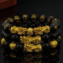 Gelang Pi Yao Ganda Obsidian Matte & Emas Pasir Baru, Kekayaan & Perlindungan, Gelang Pi Yao Tahun Zodiak, Hadiah Aksesori Fashion untuk Pria & Wanita - Hitam - View 3