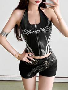 Chic Women's Black Faux Leather Halter Tank Top With Zipper Detail, Perfect Short Cami For New Year's Outfits - Black - View 2